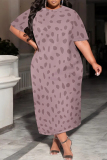 Blue Casual Geometric Print Stripe Gradient O Neck Printed Plus Size Dresses