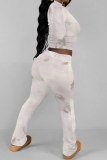 White Casual Street Floral Print Tie Dye Contrast O Neck Long Sleeve Two Pieces