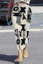 Beige Casual Street Stripe Letters Faux Denim Print Contrast Skinny High Waist Full Print Bottoms