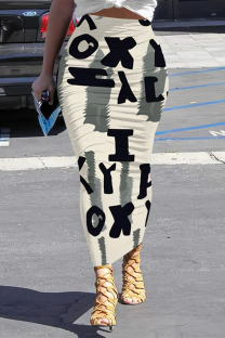 Beige Casual Street Stripe Letters Faux Denim Print Contrast Skinny High Waist Full Print Bottoms