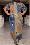 Blue Coffee Casual Street Faux Denim Print Pocket O Neck Printed Plus Size Dresses