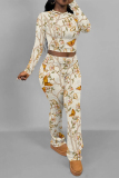 White Casual Street Floral Print Tie Dye Contrast O Neck Long Sleeve Two Pieces