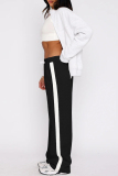 Black Casual Draw String Patchwork Contrast Loose Mid Waist Conventional Patchwork Bottoms