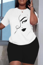 White Casual Street Geometric Print Contrast O Neck Plus Size Two Pieces