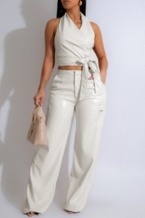 White Sexy Casual Solid Color Backless Belted Halter Sleeveless Two Pieces