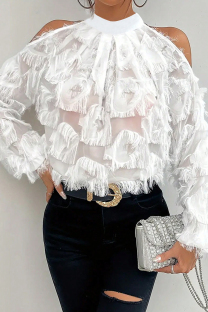 White Casual Solid Color Fringed Trim Patchwork See-Through Strap Design O Neck Tops