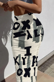 Beige Casual Street Stripe Letters Faux Denim Print Contrast Skinny High Waist Full Print Bottoms