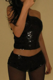 Black Sexy Solid Color Sequins Patchwork Backless Strapless Two Pieces