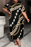 Gold Casual Chain print Pocket Contrast O Neck Printed Plus Size Dresses