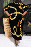 Gold Casual Chain print Pocket Contrast O Neck Printed Plus Size Dresses