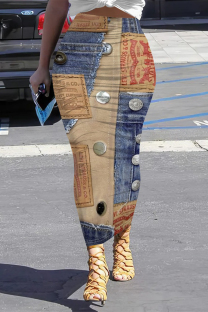 Multicolor Casual Street Faux Denim Print Contrast Skinny High Waist Full Print Bottoms