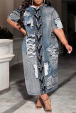 Blue Coffee Casual Street Faux Denim Print Pocket O Neck Printed Plus Size Dresses