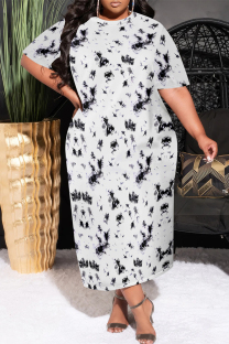 White Casual Geometric Print Stripe Gradient O Neck Printed Plus Size Dresses