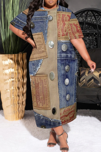 Multicolor Casual Street Faux Denim Print Pocket O Neck Printed Plus Size Dresses
