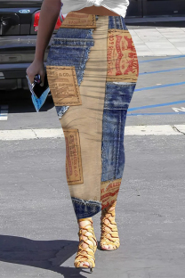 Blue Coffee Casual Street Faux Denim Print Contrast Skinny High Waist Full Print Bottoms