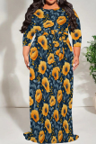 Purple Pink Casual Print Patchwork Strap Design O Neck Long Plus Size Dresses