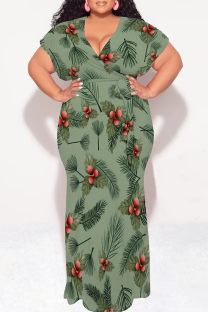 Green Sexy Floral Print Lace Up V Neck Printed Plus Size Dresses