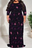 Purple Pink Casual Print Patchwork Strap Design O Neck Long Plus Size Dresses
