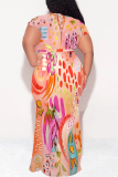 Yellow Sexy Floral Print Lace Up V Neck Printed Plus Size Dresses