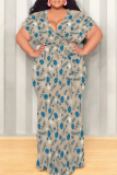 Yellow Sexy Floral Print Lace Up V Neck Printed Plus Size Dresses