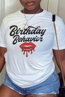White Casual Lips Print Letters O Neck T-Shirts