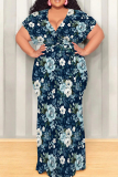 Green Yellow Casual Print Patchwork Strap Design V Neck Long Plus Size Dresses