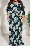 Purple Pink Casual Print Patchwork Strap Design O Neck Long Plus Size Dresses