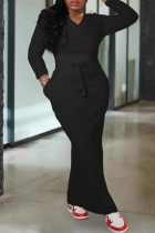 Black Casual Solid Color Draw String Pocket Patchwork V Neck Long Sleeve Two Pieces