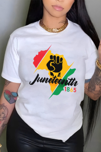 White Casual Letter Print Gradient O Neck T-Shirts