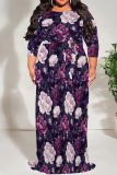 Purple Pink Casual Print Patchwork Strap Design O Neck Long Plus Size Dresses
