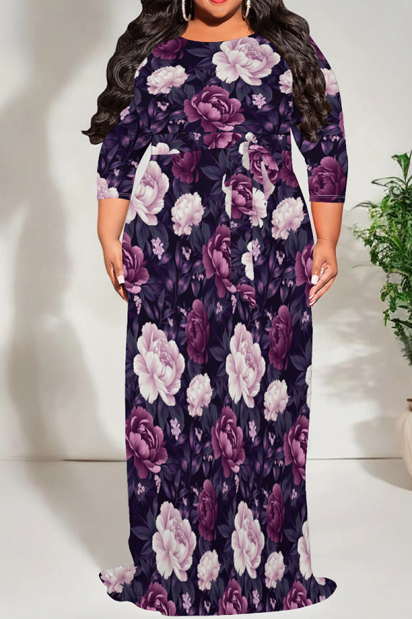 Purple Pink Casual Print Patchwork Strap Design O Neck Long Plus Size Dresses