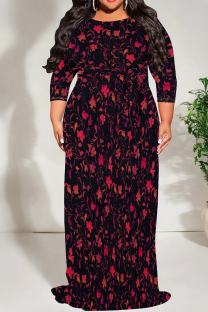 Black Red Casual Print Patchwork Strap Design O Neck Long Plus Size Dresses