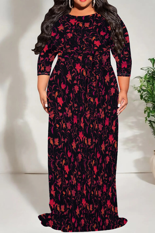 Black Red Casual Print Patchwork Strap Design O Neck Long Plus Size Dresses