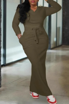 Army Green Casual Solid Color Draw String Pocket Patchwork V Neck Long Sleeve Two Pieces