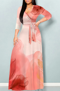 Red Elegant Floral Print Gradient Lace Up Contrast V Neck Printed Dresses