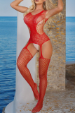 Rose Red Sexy Solid Color Hollow Out See-Through Lingerie