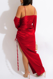 Red Sexy Solid Color Draw String Lace Up Backless Spaghetti Strap Long Dresses