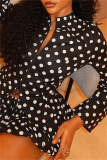 Black Casual Polka Dot Print Basic Zipper Collar Long Sleeve Two Pieces