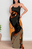 Yellow Sexy Street Figure Print Pocket Contrast U Neck Printed Dresses