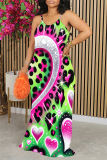 Dark Brown Sexy Heart Pattern Leopard Contrast O Neck Printed Dresses