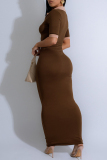 Coffee Casual Patchwork Contrast Turndown Collar Long Dresses