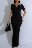 Coffee Casual Patchwork Contrast Turndown Collar Long Dresses