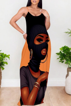 Orange Black Sexy Street Figure Print Pocket Contrast U Neck Printed Dresses