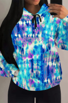 Blue Casual Geometric Print Flowers Draw String Pocket Hooded Tops
