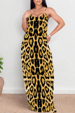 Blue Sexy Leopard Print Pocket Contrast U Neck Printed Dresses
