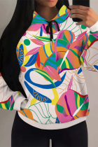 Peach Casual Geometric Print Flowers Draw String Pocket Hooded Tops