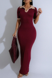 Coffee Casual Patchwork Contrast Turndown Collar Long Dresses