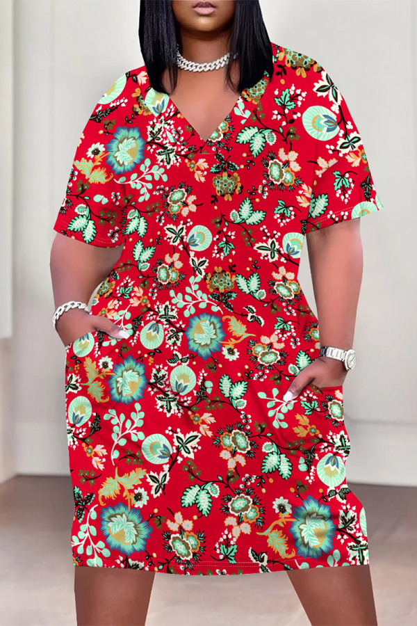 Red Casual Letter Print Flowers Leopard Pocket Contrast V Neck Printed Plus Size Dresses