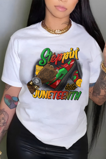 White Casual Graffiti Print Letters O Neck T-Shirts