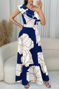 Blue Casual Print Patchwork Backless Ruffled Trim Oblique Collar Long Dresses